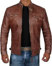 [Decrum] Mens Leather Jacket - Real Lambskin Cafe Racer Style Casual Leather Jacket Men