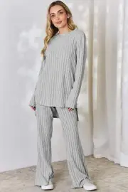 BMirza collection Basic Bae Full Size Ribbed High-Low Top and Wide Leg Pants Set