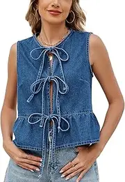 [FEOYA] Denim Vest Women's Denim Tank Crop Top Sleeveless Vest Front Tie Jean Vest Summer Crew Neck Denim Gilet, Blue