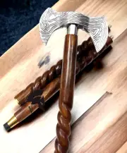 Medieval Viking Axe Handle Hand Carved Spiral Brown Wooden Walking Stick Cane