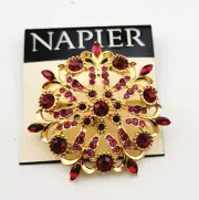 NAPIER FLOWER BROOCH PIN GOLD TONE RED PINK RHINESTONES SIGNED 2"