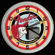 16" FENDER GUITAR AMP Red Neon Clock Mancave Garage Guitars Music Band