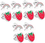 [SAFIGLE] 6 Pairs Earrings for Girls Hypoallergenic Boys and Girls Ear Studs Earrings Strawberry Rainbow Design Flat Back