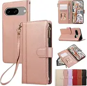 Rosbtib Mobile Phone Case for Google Pixel 8A 5G 6.1 Inch 2024 Leather Case Zip Magnetic Closure Wallet with 4 Card Slots Stand Function Retro Leather Case Google Pixel 8A Case, Rose Gold