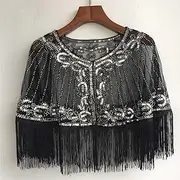 [HEYDHSDC] Vintage 1920S Shawl Beaded Sequin Fringe Flapper Sheer Floral Mesh Shrug Cape Fancy Party Cover Up