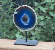 Dyed Blue Agate Crystal Geode Piece On Metal Display Stand 456 Grams 125mm Tall