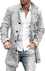 [Qolkmuiy-GJ] Mens Wool Plaid Trench Coat Casual Wool Blend Color Block Overcoat Single Breasted Slim Jacket Overcoats