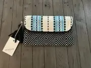 NWT Mercado Global Printed Fabric Fringe Pouch Clutch Bag Blue Black