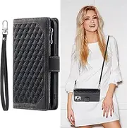 SINQERISHT Crossbody Wallet Case for Apple iPhone 12 Mini Leather Phone Case with Card Holder Kickstand & Wrist Strap Cover Magnetic Closure Flip Handbag Zipper Purse Shell for Women(Black)