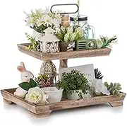Hanobe Farmhouse Tiered Tray Stand: Rustic Wood 2 Tier Serving Tray Decor Two Rectangle Wooden for Kitchen Counter Centerpieces Coffee Bar Easter Fall Halloween Thanksgiving Christmas Decors