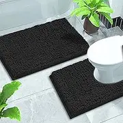 GVTECH Bath Mat Set 2 Pieces, Chenille Non-Slip Back 50x80 cm Bathroom Mat & 50x60 cm U Shape Toilet Rug Fleece Softness, Bathroom Carpet, Super Soft Microfiber Bath Rug, Easy to Clean Mat (Black)