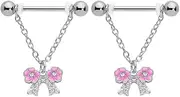 [Niaspi] 14G Pink Flower Bowknot Dangle Nipple Rings for Women Stainless Steel Chains Dangle Nipplerings Nipple Shields Straight Barbell Cute Nipple Piercing Jewelry, Stainless Steel, cubic zirconia