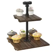 2-Tier Dark Burnt Slatted Wooden Cupcake Stand, Dessert Appetizer Display Tower