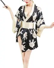 [YEBAODUO] Women's Japanese Kimono Sexy Traditional Robe Lingerie Yukata Ladies Costumes Pajamas, Black, Large