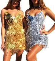 Sequin Fringe Skirt Dress Glitter Tassel Skirt Festival Rave Space Cowgirl Ou...