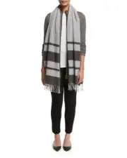 NWT NIP EILEEN FISHER Italian Wool Stripe Scarf w/Alpaca & Mohair ASH Gray 80X22