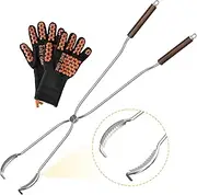 EAST OAK 2 in 1 Fire Pit Tongs and Hook 36'' Poker, Firepit Tools for Wood Fireplaces, Bonfires, Outdoor Fire Rings, Patio and Camping Accessories, with 13" Heat Resistant Gloves, 304 Stainless Steel