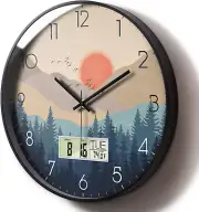 Silent Wall Clock with Day Week Temperature Wilderness with Sunset Non-Ticking B