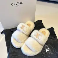 在飛比找Yahoo!奇摩拍賣優惠-CELINE 女款 毛毛拖鞋 🐻