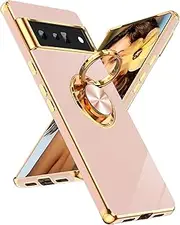 [LeYi] for Google Pixel 6 Pro Case: 360° Rotatable Ring Holder Magnetic Kickstand, Plating Rose Gold Edge for Google Pixel 6 Pro Case, Pink