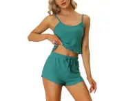 cheibear Tops Shorts Knit Camisole Pajamas Sets Peacock Green