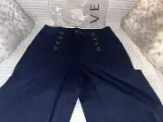 Venus Cotton Linen Leg, Sailor Snap Front Closure Long Pants, Navy, BNWT