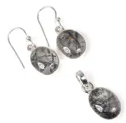 925 Solid Sterling Silver Black Rutile Hook Earring Pendant Set Q983