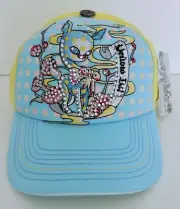 Four Forty One 441 Yellow Dot Rhinestone Adjustable Trucker Hat Cap Yellow Blue