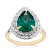 Bevilles Created Emerald Pear Halo Ring with 0.60ct of Diamonds in 9kt Yellow Gold