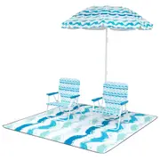 Costway 4PCS Beach Chair Set w/2Pack Sun Lounger Recliner Beach Blanket Tilt Umbrella & Carry Bag Blue