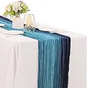 10Ft Cheesecloth Boho Gauze Table Runner - Rustic Tie-Dye Long Vintage Romantic for Wedding, Bridal Shower, Party Decor (Navy Blue Teal Blue 1 Pack)