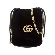 Gucci Black Velvet Marmont Gold Drawstring Shoulder Bag Handbag Italy Purse NEW