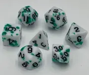 TEG - 7 White & Green w/ Black Splatter Polyhedral Dice New Polyhedral Dice Sets