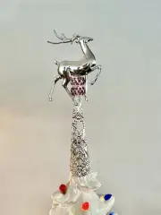 Ceramic Christmas Tree Custom TOPPER Reindeer Silver With Pink Crystals Decor