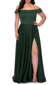 La Femme Off the Shoulder Foldover Neckline Gown in Emerald at Nordstrom, Size 14W