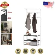 Ceiling-Free White Metal Coat Rack with Adjustable Hooks and Fabric Shelves