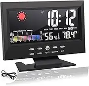 Seain Weather Station Indoor Thermometer Hygrometer, Sound Control Weather Monitoring Clocks Color Display Digital with Alarm Clock Calendar, for Home Office Black (1653145)