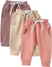 [allshope] Toddler Baby Girl Fall Pants 3 Pack Active Jogger Casual Athletic Trousers Solid Color Pocket Elastic Waist Harem Bottoms