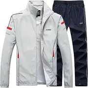 [WFEI] Men's 2 Piece Full Zip Tracksuit Sweatsuit Casual 2Pcs Sports Suit Jacket+Pant Fitness Running Jogging Exercise Sportswear,Gray,XXL