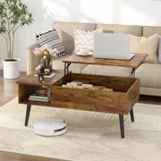 Advwin Lift Up Top Coffee Table Hidden Storage Shelf Rectangle Wood Table Walnut
