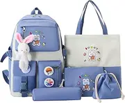 [Myyunhx] Backpack for Girls Set of 5 Canvas Schoolgirl Backpack Kawaii Assembled Backpack with Plush Rabbit Pendant and Cartoon Sticker Kids Plush Backpack for Teen Girls