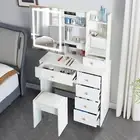 White Dressing Table Stool Set Large Makeup Slide MirrorLED & 6 Drawer Wood