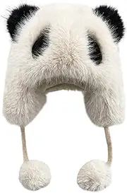 [DSAoTeng] Women Fuzzy Faux Fur Panda Animal Hat with Ears-Cute Windproof Cozy Warm Plush Earflap Beanie for Cold Weather Outdoor Accessory
