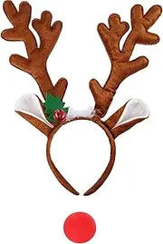 Saturey Christmas Reindeer Antlers Headbands with Red Nose, Antlers Hair Hoop Headpiece for Christmas and Holiday Parties Favors Multicolor