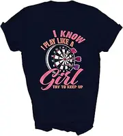 [SDVN] I Know I Play Like A Girl Try to Keep Up Funny Darts Dart Darting Dartboard Gift Unisex Shirt T-Shirt (Navy;S)