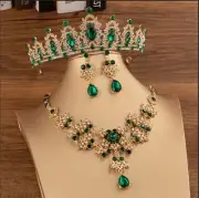 GOLD CROWN/TIARA WITH EMERALD GREEN & CLEAR CRYSTALS AND MATCHING JEWELLERY SET