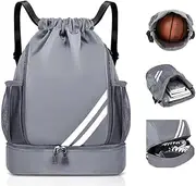 Drawstring Backpack Sports Gym Bag with Shoes Compartment, Waterproof Draw String Back Bag for Men Women
