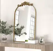 Gold Antique Mirror for Wall, 19X30 Inch Large Brass Arched Mirror Decorative Vi