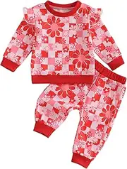 Winioder Baby Girl Valentines Day Outfit Heart Checkerboard Long Sleeve Sweatshirt and Pants Set Toddler 2Pcs Spring Clothes