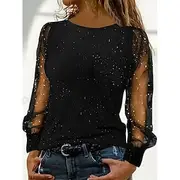 Women's T Shirt Plain Fashion Modern Casual Long Sleeve Crew Neck Regular Tops Daily Weekend Mesh Patchwork Black Wine Blue Fall Winter